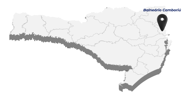 Mapa de Santa Catarina com um marcador em Balneário Camboriú. Desenho.